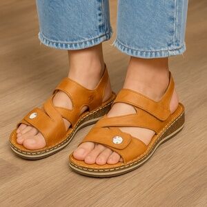 VOLKS WALKERS Tan Leather Velcro Cork Sandals Handmade Comfort Boho 38